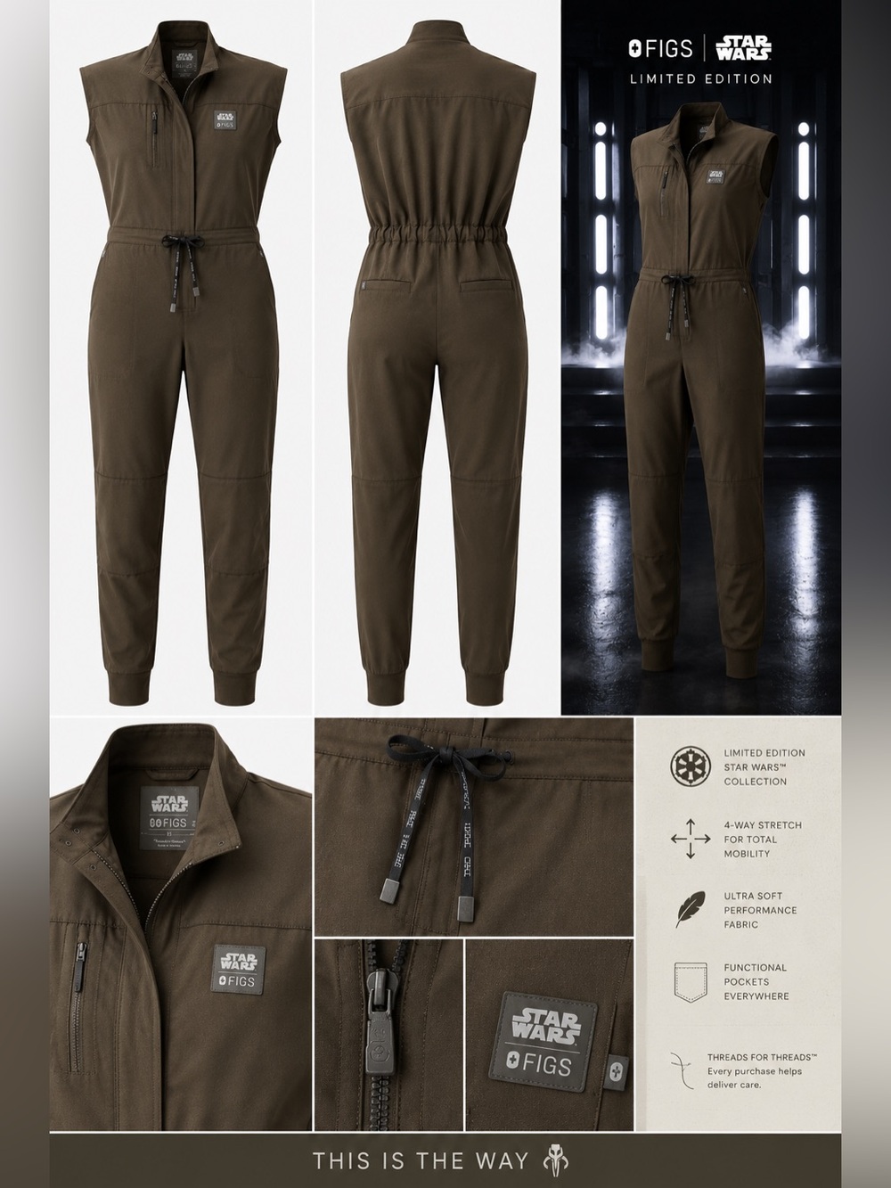 FIGS Star Wars limited collab rare Rafaela Jumpsuit scrubs mandalorian olive M